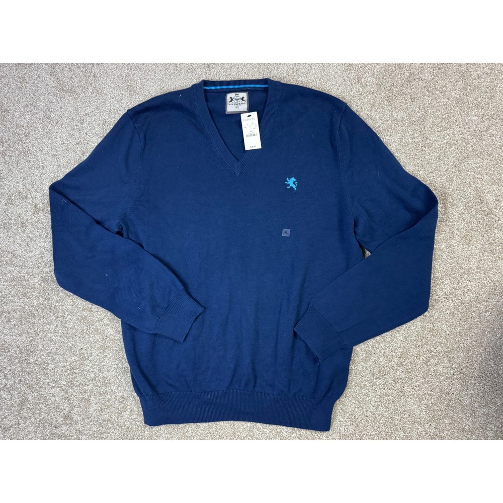 Express Mens V-Neck Sweater Navy Blue 100% Cotton Lion Logo XL NWT